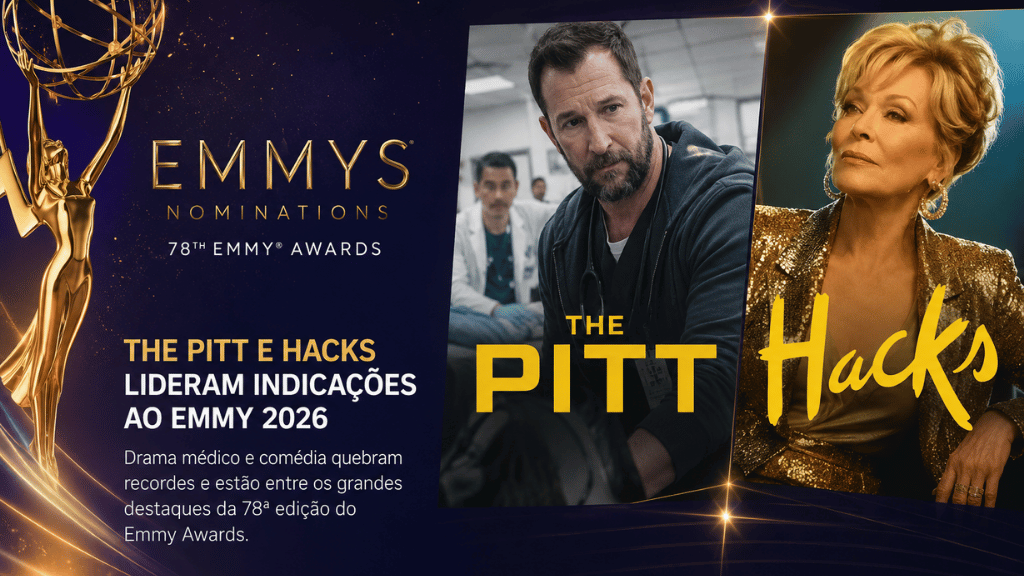 Logotipo do Emmy Awards com destaque para as séries The Pitt e Hacks