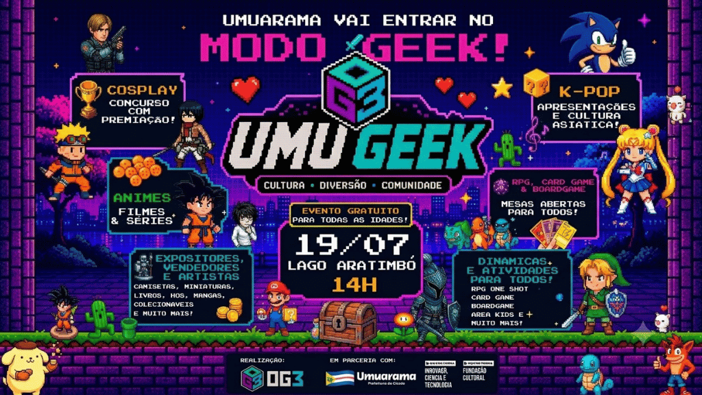 Banner do UMUGEEK Umuarama com atrações de cosplay, K-pop, RPG e games