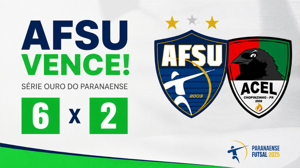 Arte com o placar da vitória da AFSU sobre a ACEL por 6 a 2 pela Série Ouro do Paranaense de Futsal.
