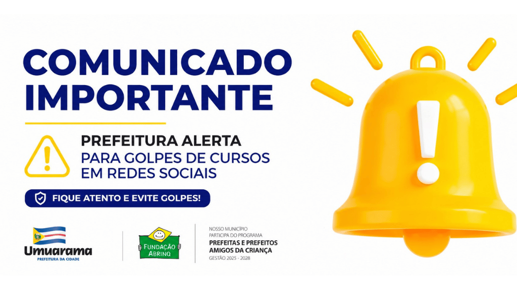 Arte da Prefeitura de Umuarama alertando sobre golpes com falsas ofertas de cursos nas redes sociais.